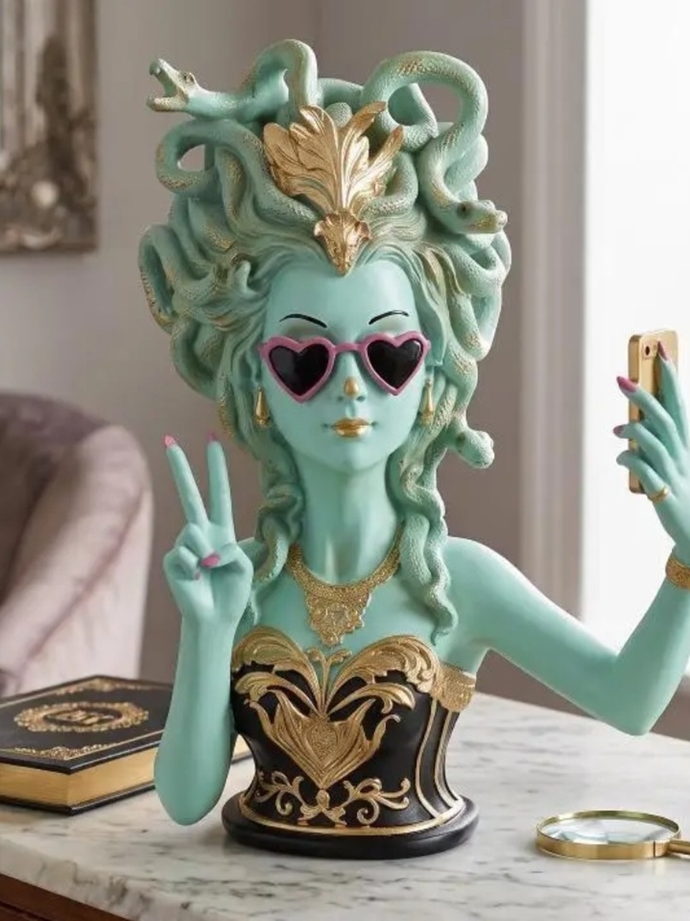 Medusa Bust Statue - Turquoise and Gold Color Decorative Accent